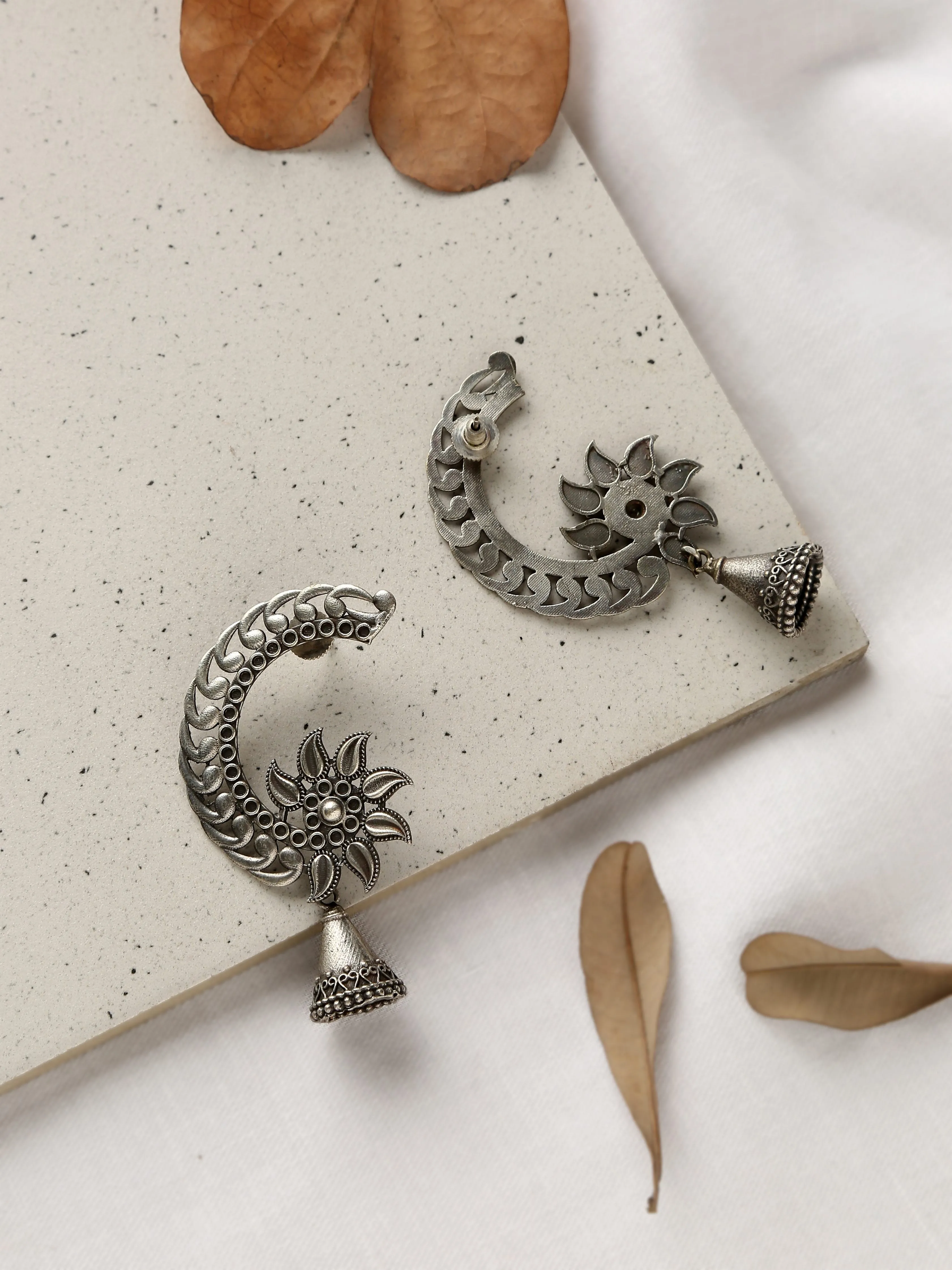 Silver-Plated Crescent Jhumka Earrings