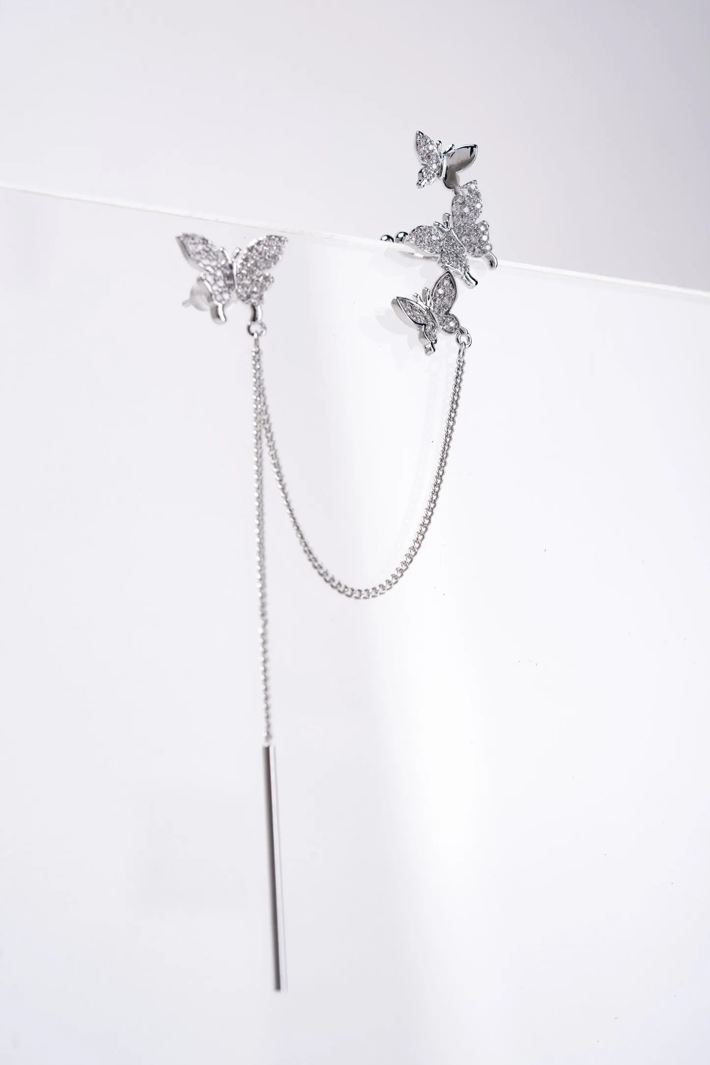 Silvia CZ Butterfly Ear Cuff Dangle Chain Earrings - Silver