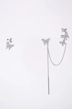 Silvia CZ Butterfly Ear Cuff Dangle Chain Earrings - Silver