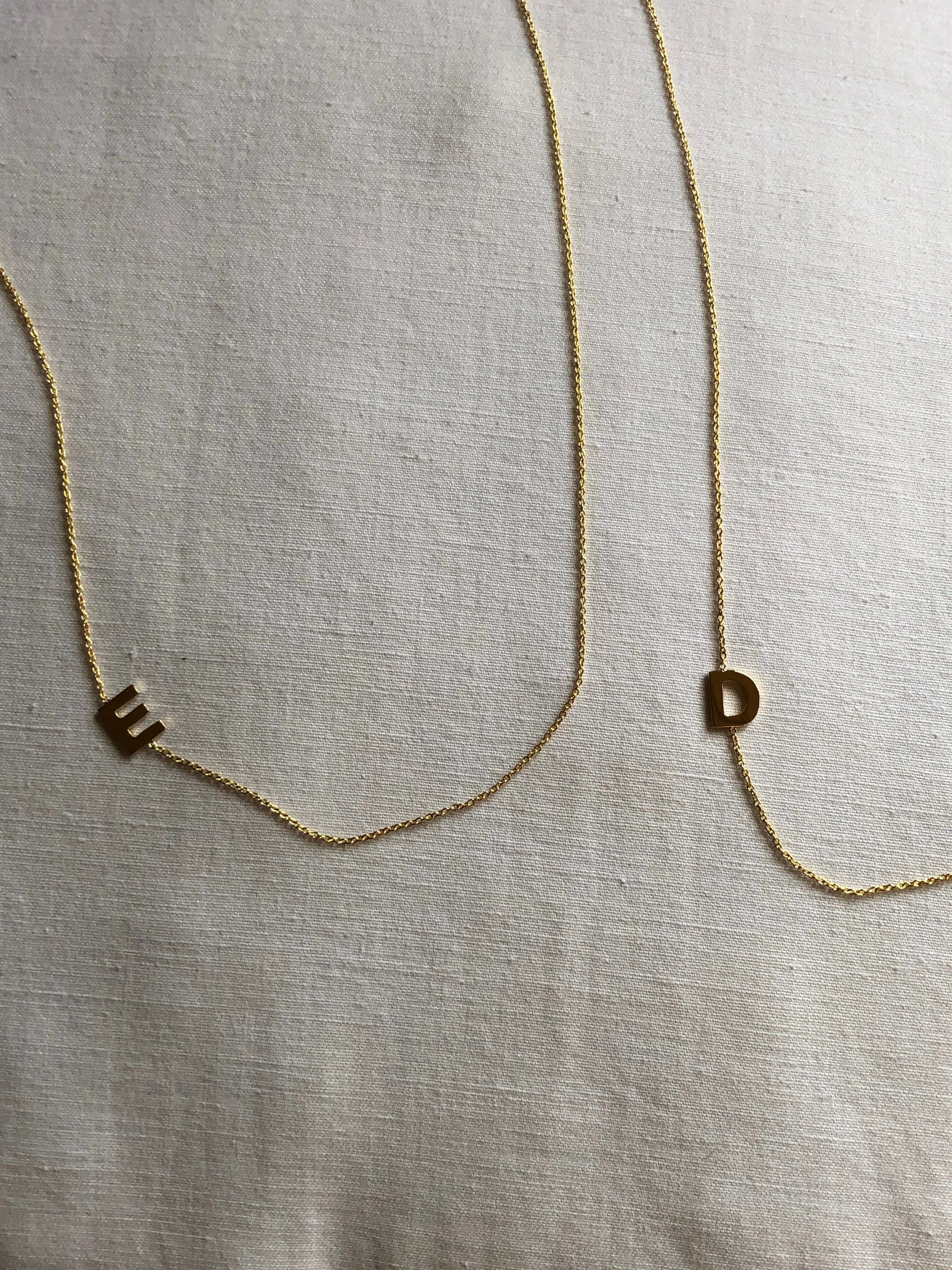 Slanted Initial Necklace, Solid 18k Gold