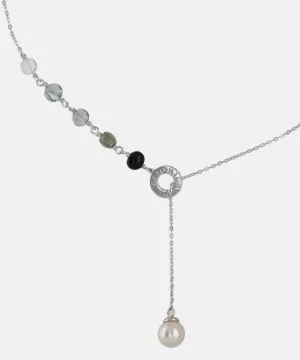 Sterling Silver Rhodium Plated Necklace for Women with 8mm Round White Pearl and Black Murano Crystals, 17"/19" Necklace Length, Algaida Collection