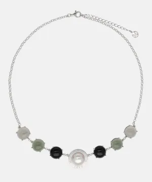 Sterling Silver Rhodium Plated Necklace for Women with Organic Pearl, 12mm Round White Pearl and Black Murano Crystal, 16.1/18.1 Length, Algaida Collection