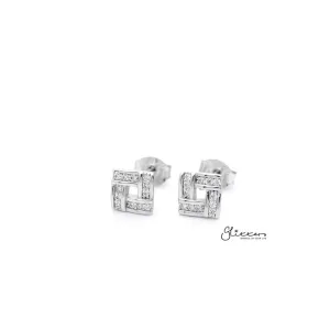 Sterling Silver Square with C.Z Paved Women's Stud Earrings