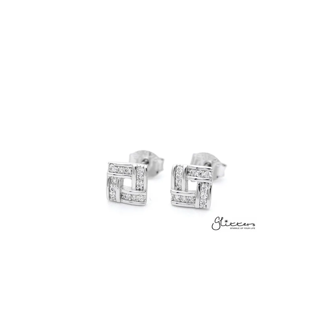 Sterling Silver Square with C.Z Paved Women's Stud Earrings