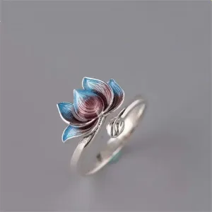 Vintage Silver Plated Blue Lotus Flower Ring