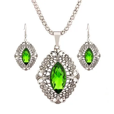 VIVILADY Retro Zinc Alloy Geometric Crystal Wedding Bridal Jewelry Sets Women Pendants Necklaces Earrings Accessories Party Gift